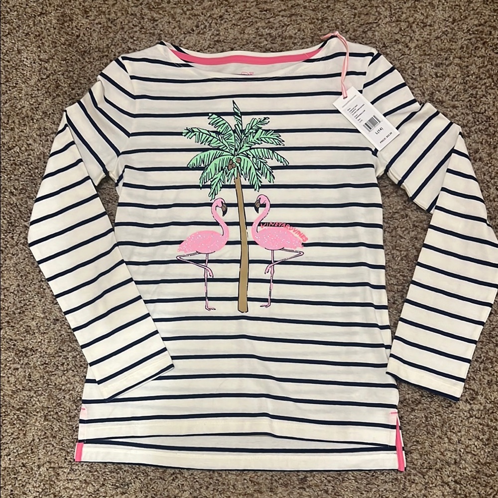 Vineyard Vines Striped Long Sleeve Shirt with Flamingo and Palm Tree Design